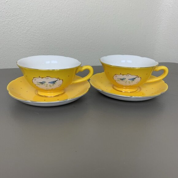 Anthropologie Other - Anthropologie Blue Bird Yellow Teacup Saucer Set of 2 Cups Gold Polka Dots
